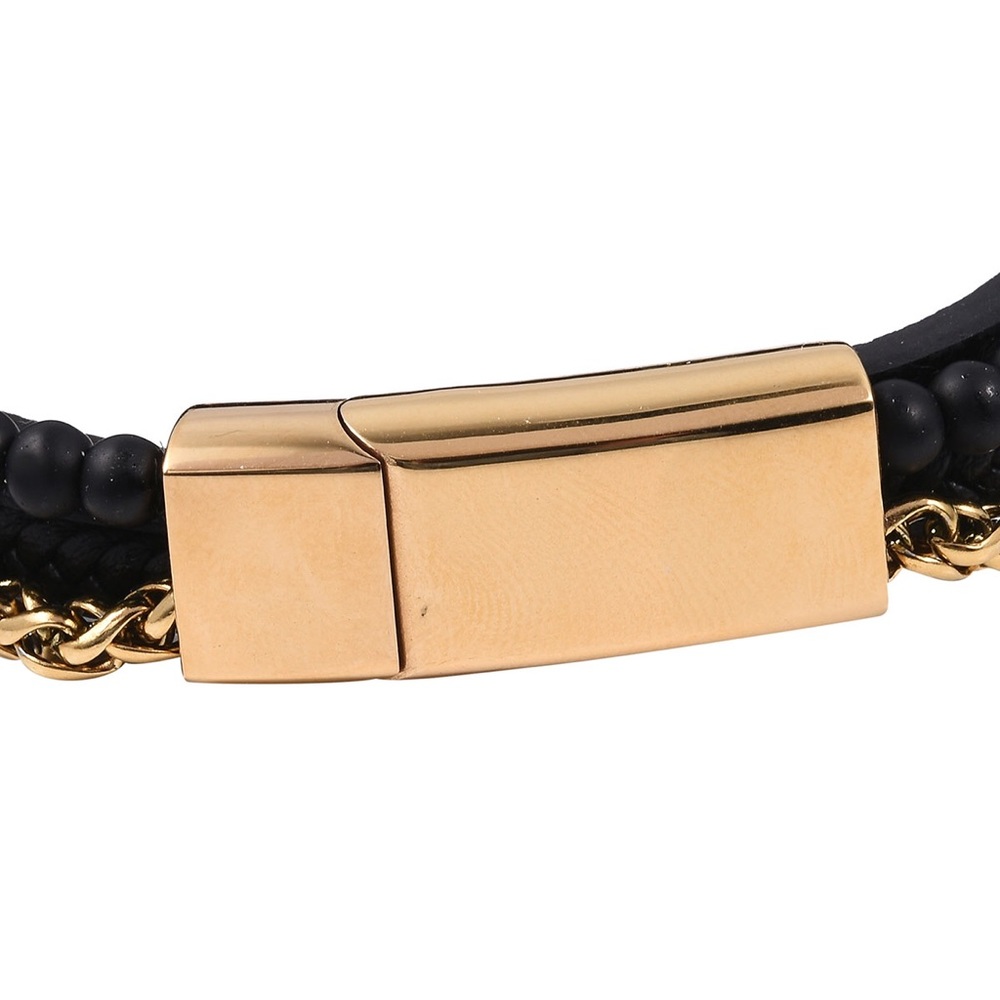 BLACK & GOLD FAUX LEATHER BRACELET QUARTZITE STEEL - Picture 3 of 7